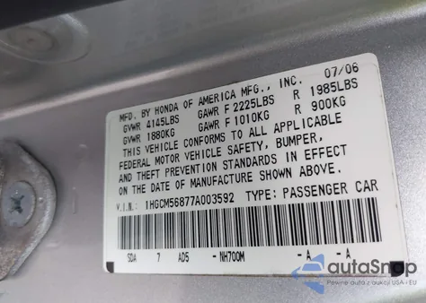 2007 Honda Accord 2.4 Ex из США, поврежденный, VIN 1HGCM56877A003592